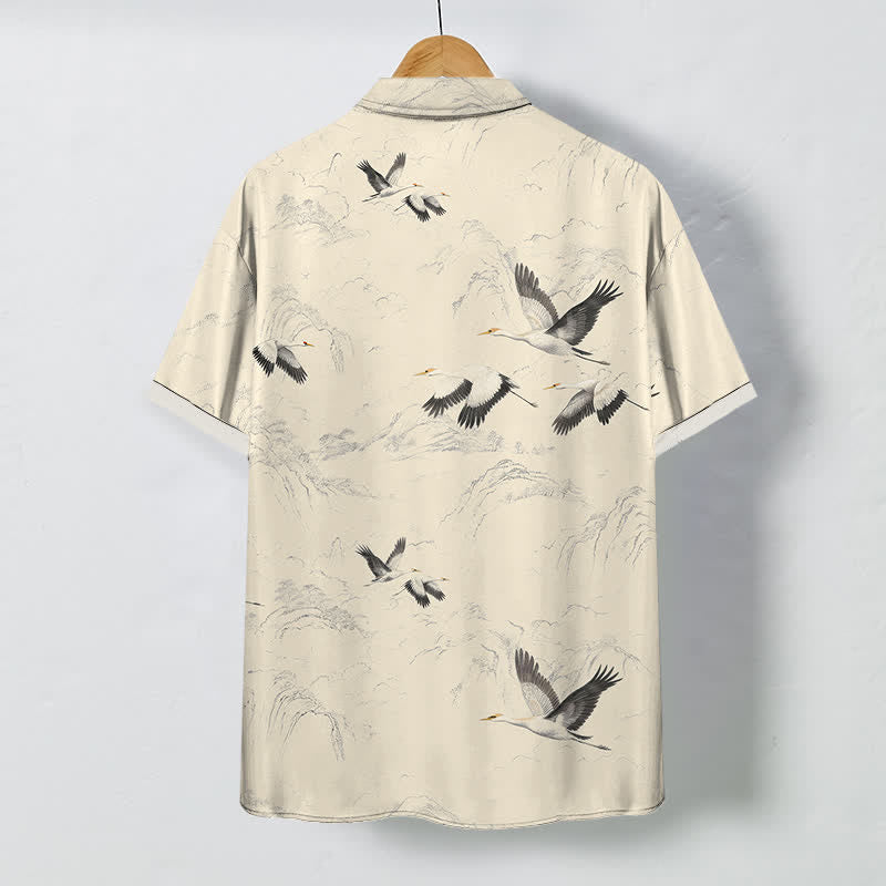 Buddha Stones Ink Landscape Crane Mountain Ranges Pattern Buttons Breathable Men's Short Sleeve Shirt - image 8