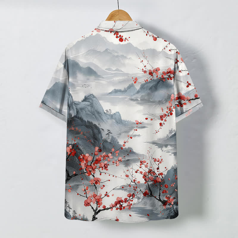 Buddha Stones Ink Landscape Red Blossom Mountains Pattern Buttons Breathable Men's Short Sleeve Shirt - image 1