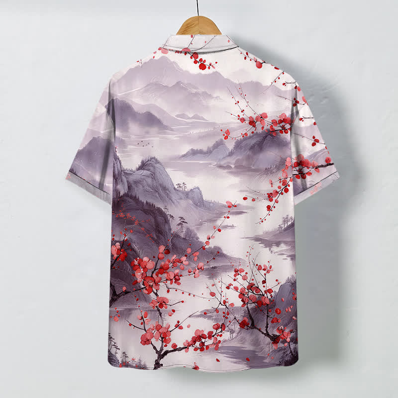 Buddha Stones Ink Landscape Red Blossom Mountains Pattern Buttons Breathable Men's Short Sleeve Shirt - image 6