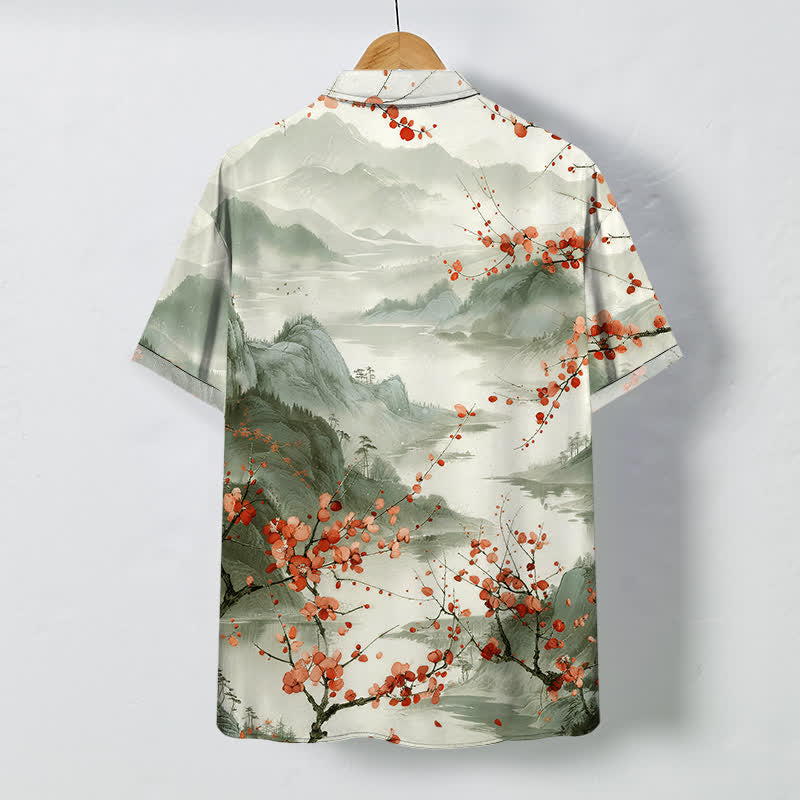 Buddha Stones Ink Landscape Red Blossom Mountains Pattern Buttons Breathable Men's Short Sleeve Shirt - image 8