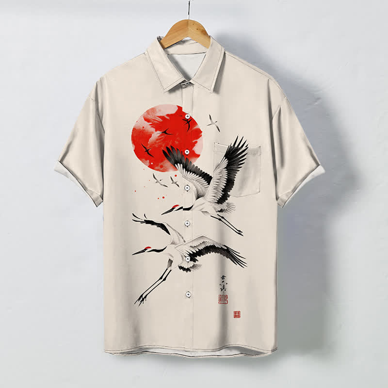 Buddha Stones Red Sun Flying Crane Pattern Buttons Breathable Men's Short Sleeve Shirt - Beige - US/UK/AU48，EU58 (4XL) - image 0