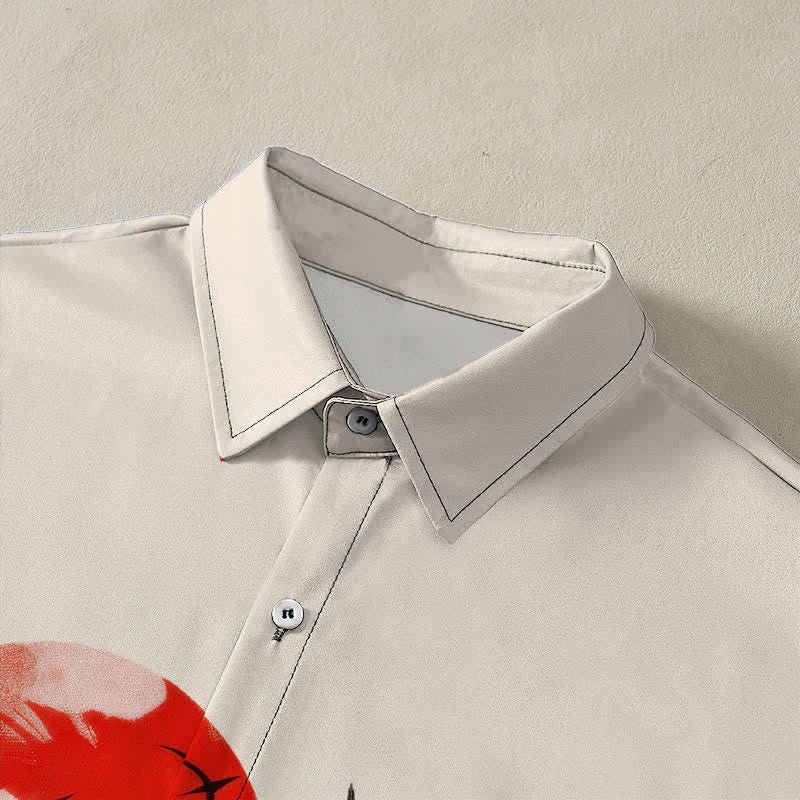 Buddha Stones Red Sun Flying Crane Pattern Buttons Breathable Men's Short Sleeve Shirt - image 2
