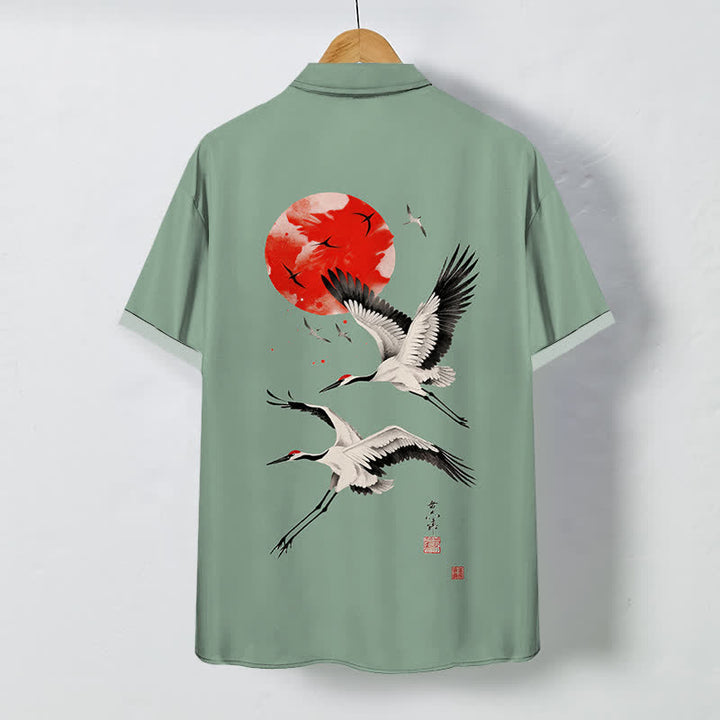 Buddha Stones Red Sun Flying Crane Pattern Buttons Breathable Men's Short Sleeve Shirt - image 8