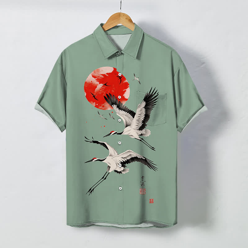 Buddha Stones Red Sun Flying Crane Pattern Buttons Breathable Men's Short Sleeve Shirt - DarkSeaGreen - US/UK/AU48，EU58 (4XL) - image 7