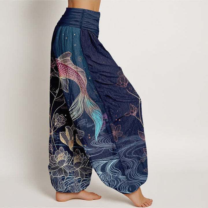 Buddha Stones Lotus Koi Fish Pattern Women's Elastic Waist Pure Cotton Harem Pants - image 2