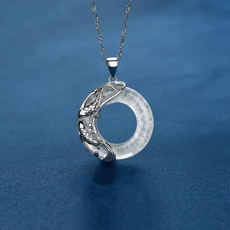 Buddha Stones Clear Quartz Koi Fish Luck Circular Peace Buckle Pendant Necklace - image 2