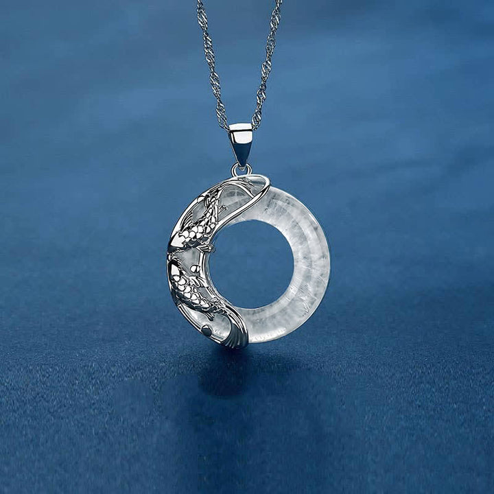 Buddha Stones Clear Quartz Koi Fish Luck Circular Peace Buckle Pendant Necklace - image 2