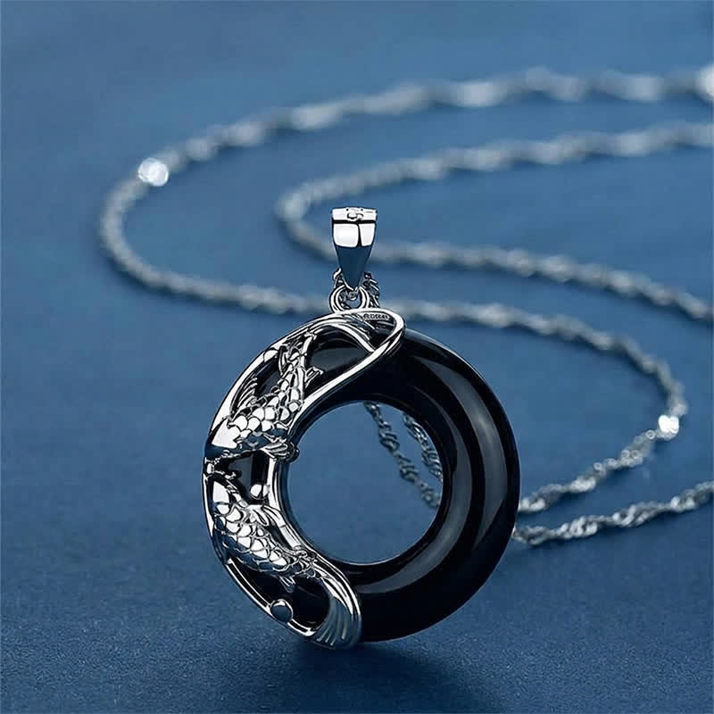 Buddha Stones Black Obsidian Koi Fish Luck Circular Peace Buckle Pendant Necklace - Black Obsidian(Purification♥Strength) - image 0