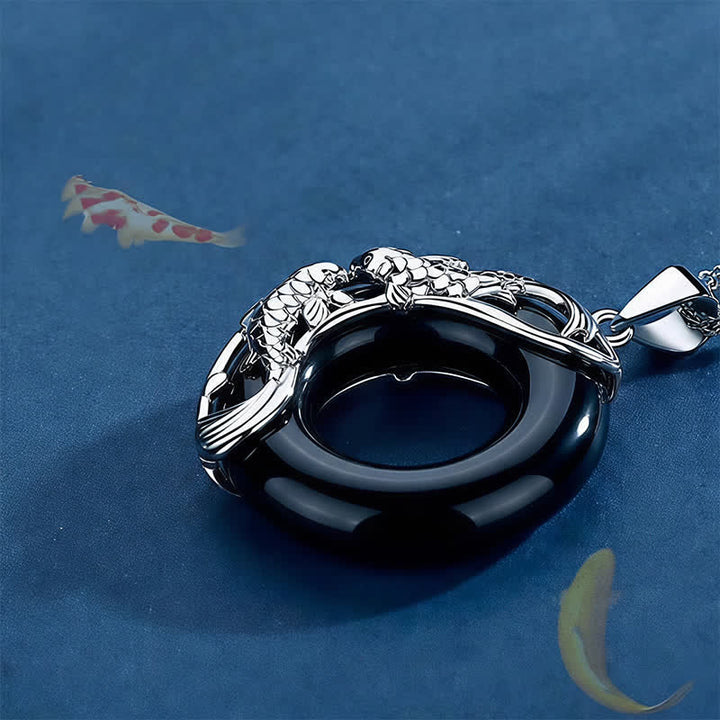 Buddha Stones Black Obsidian Koi Fish Luck Circular Peace Buckle Pendant Necklace - image 3