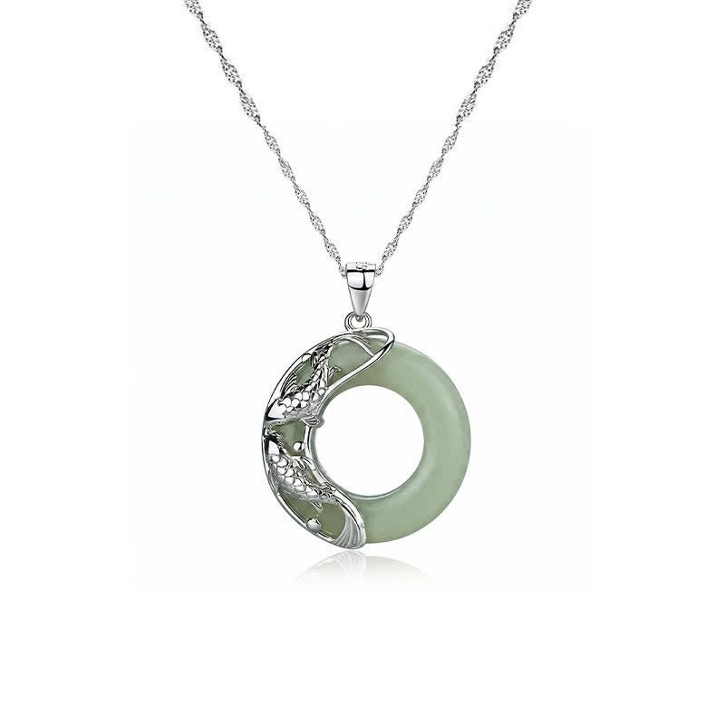 Buddha Stones Green Hetian Jade Koi Fish Luck Circular Peace Buckle Pendant Necklace - image 4