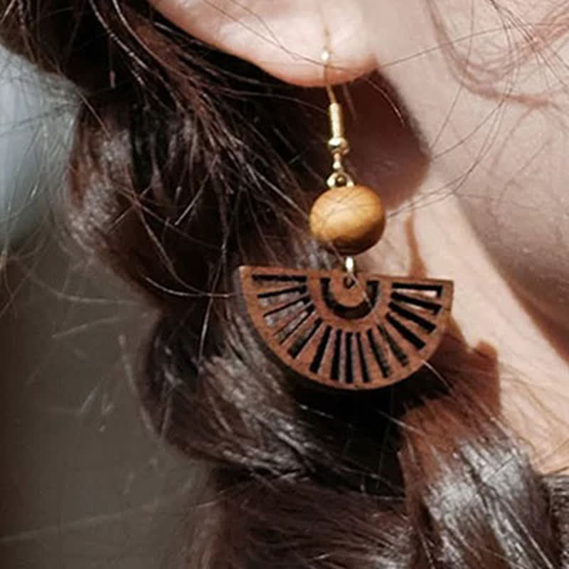 Buddha Stones Handcrafted Fan Shape Wooden Simplicity Earrings - image 2