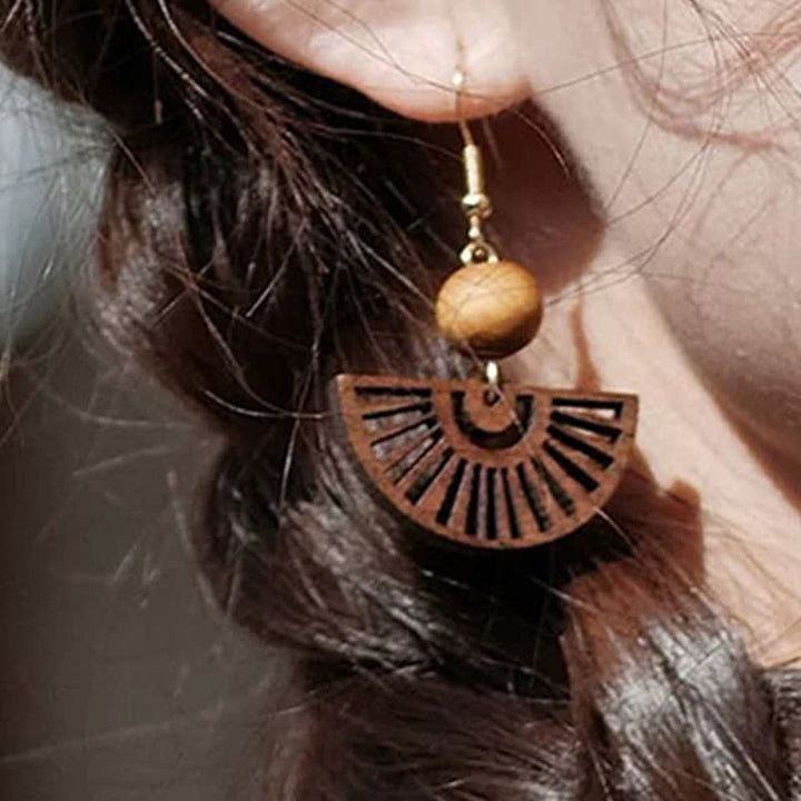 Buddha Stones Handcrafted Fan Shape Wooden Simplicity Earrings - image 2