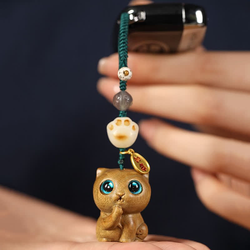 Buddha Stones Green Sandalwood Cat Hand-Woven Soothing Keychains - image 3