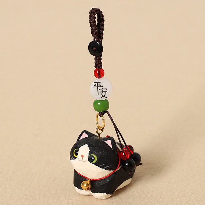 Buddha Stones Natural Wood Hand-Carved Lying Cat Om Mani Padme Hum Peace Keychains - Black Cat Peace - image 4