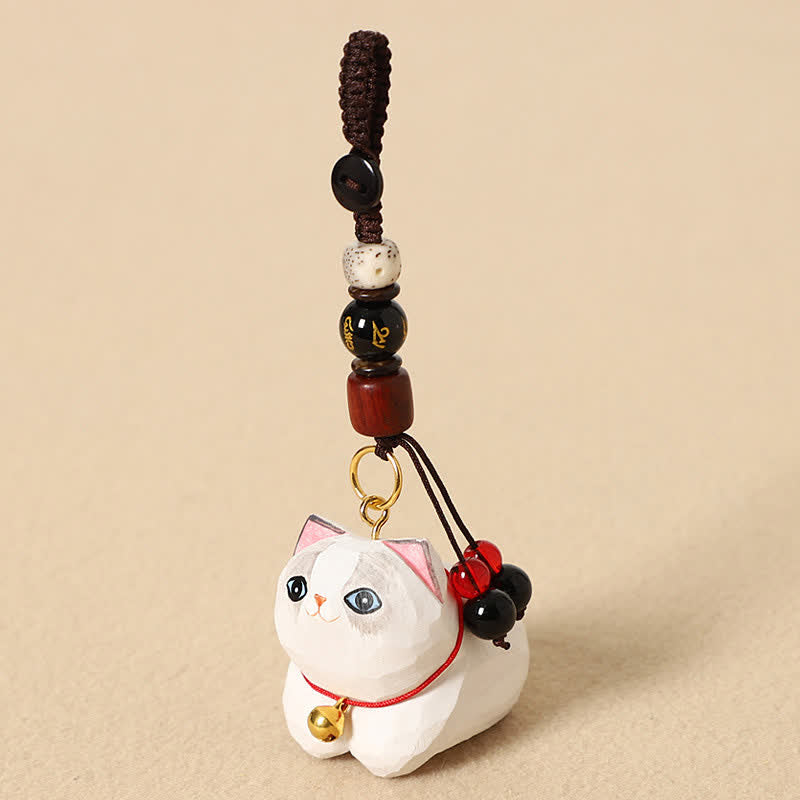 Buddha Stones Natural Wood Hand-Carved Lying Cat Om Mani Padme Hum Peace Keychains - White Cat Om Mani Padme Hum - image 10