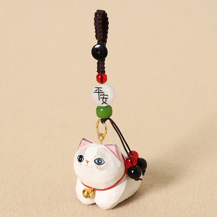 Buddha Stones Natural Wood Hand-Carved Lying Cat Om Mani Padme Hum Peace Keychains - White Cat Peace - image 9