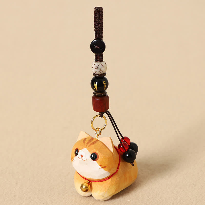 Buddha Stones Natural Wood Hand-Carved Lying Cat Om Mani Padme Hum Peace Keychains - Orange Cat Om Mani Padme Hum - image 2