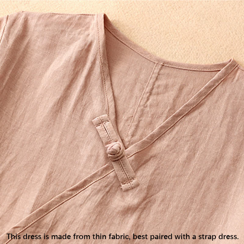 Buddha Stones Summer V-Neck Frog-Button Short Sleeve Cotton Linen Women's Midi Dress - image 2