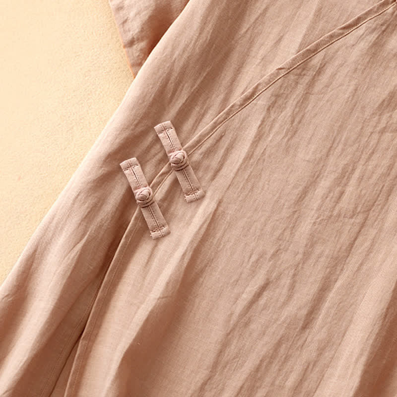 Buddha Stones Summer V-Neck Frog-Button Short Sleeve Cotton Linen Women's Midi Dress - image 4