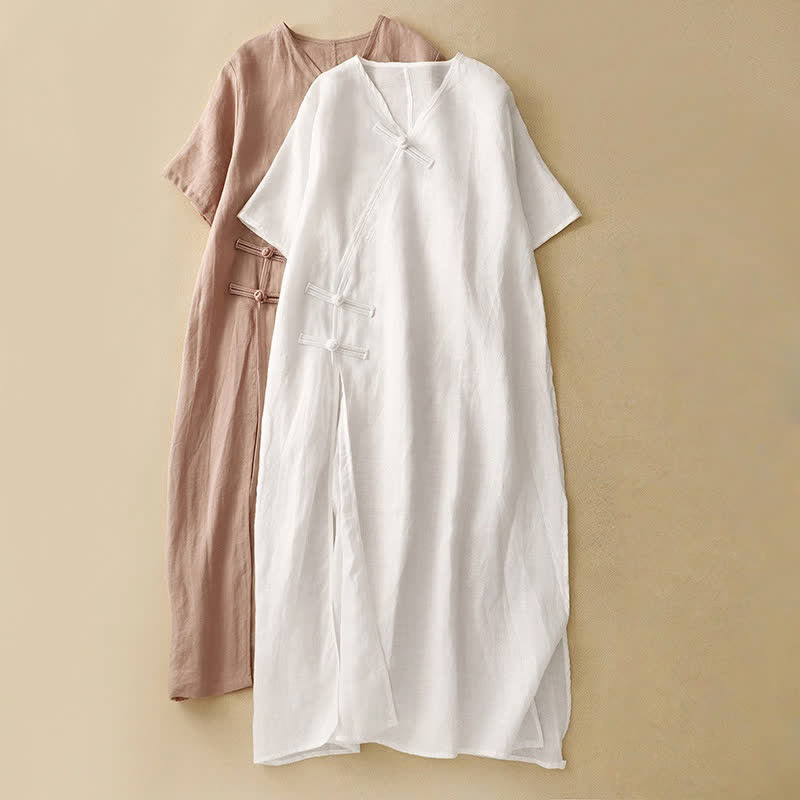 Buddha Stones Summer V-Neck Frog-Button Short Sleeve Cotton Linen Women's Midi Dress - image 16