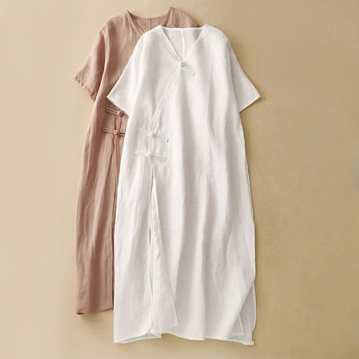 Buddha Stones Summer V-Neck Frog-Button Short Sleeve Cotton Linen Women's Midi Dress - image 16