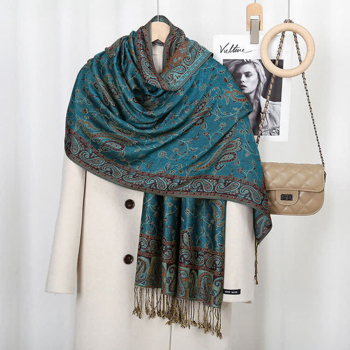 Buddha Stones Tibetan Cashew Flower Vine Print Tassels Shawl Fall Winter Soft Scarf Wrap - Cyan - image 4