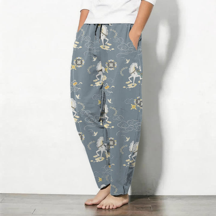 Buddha Stones Pure Cotton White Horse Cloud Blossom Pattern Drawstring Men's Tapered Pants With Pockets - image 1