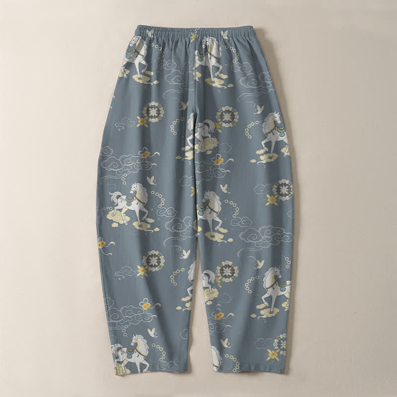 Buddha Stones Pure Cotton White Horse Cloud Blossom Pattern Drawstring Men's Tapered Pants With Pockets - image 3