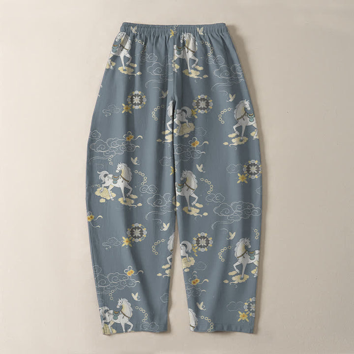 Buddha Stones Pure Cotton White Horse Cloud Blossom Pattern Drawstring Men's Tapered Pants With Pockets - image 3