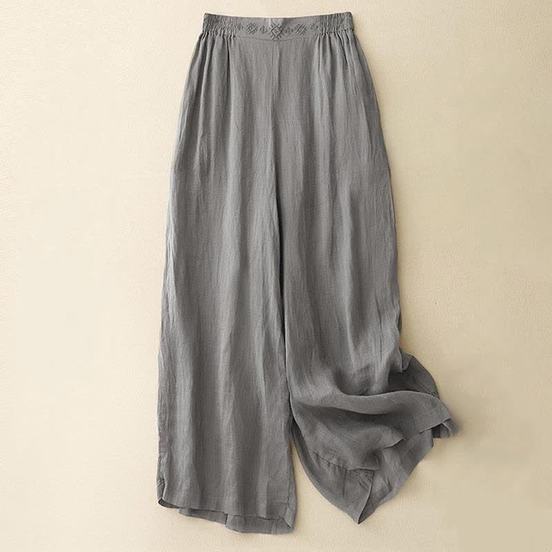 Buddha Stones Geometric Embroidery Elastic Waist Women's Cotton Linen Wide Leg Pants With Pockets - Gray - US12，UK/AU16，EU44 (2XL) - image 6