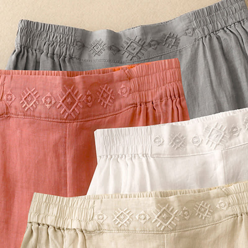 Buddha Stones Geometric Embroidery Elastic Waist Women's Cotton Linen Wide Leg Pants With Pockets - image 26