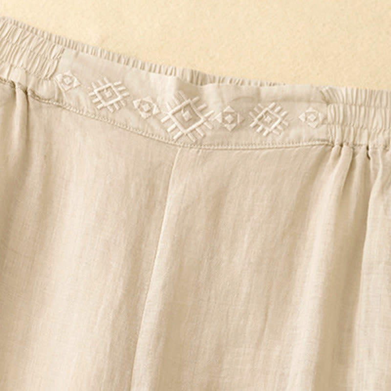 Buddha Stones Geometric Embroidery Elastic Waist Women's Cotton Linen Wide Leg Pants With Pockets - image 14