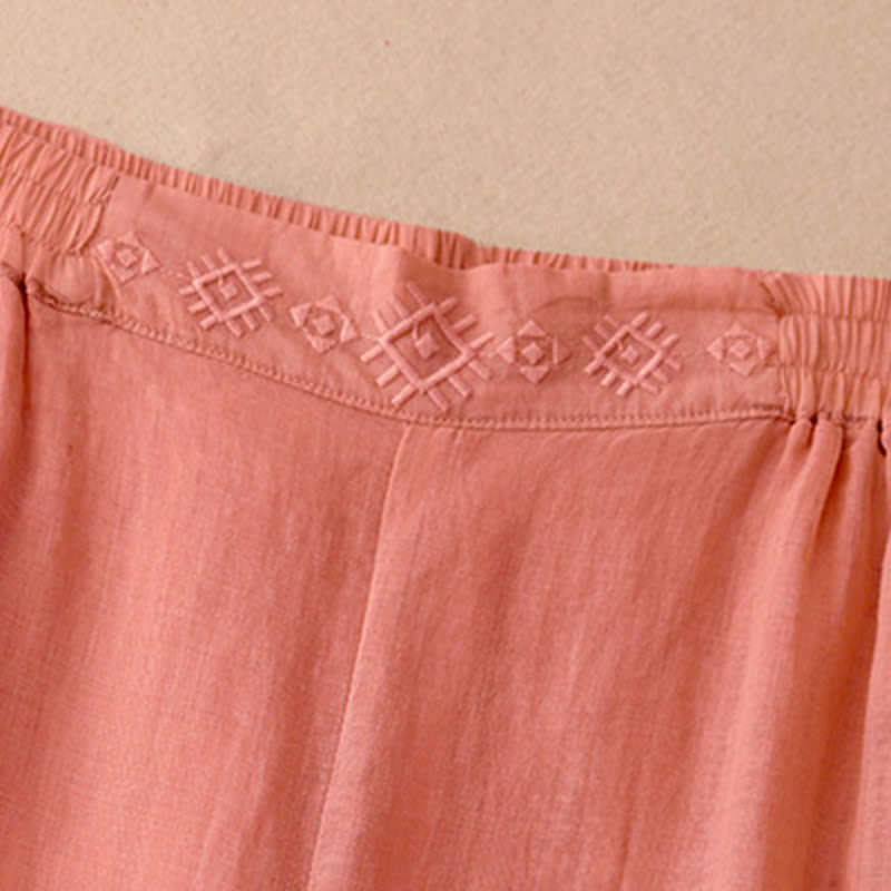 Buddha Stones Geometric Embroidery Elastic Waist Women's Cotton Linen Wide Leg Pants With Pockets - image 2