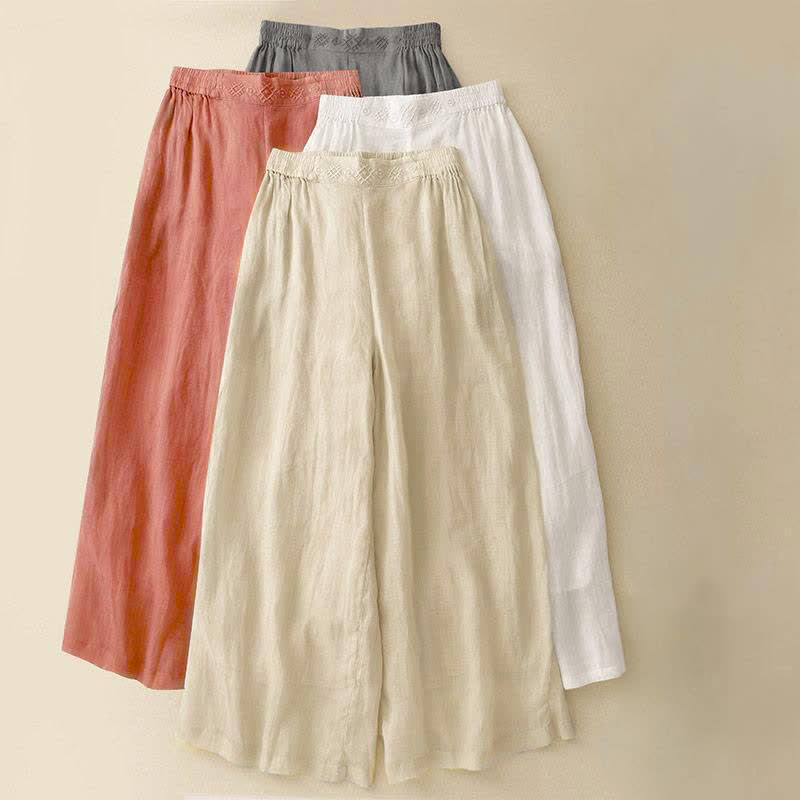 Buddha Stones Geometric Embroidery Elastic Waist Women's Cotton Linen Wide Leg Pants With Pockets - image 25