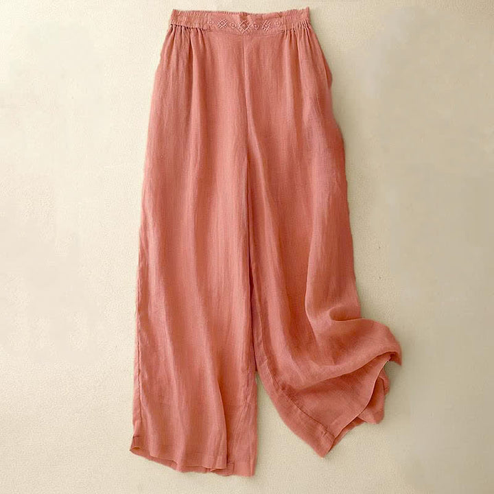 Buddha Stones Geometric Embroidery Elastic Waist Women's Cotton Linen Wide Leg Pants With Pockets - LightSalmon - US12，UK/AU16，EU44 (2XL) - image 0