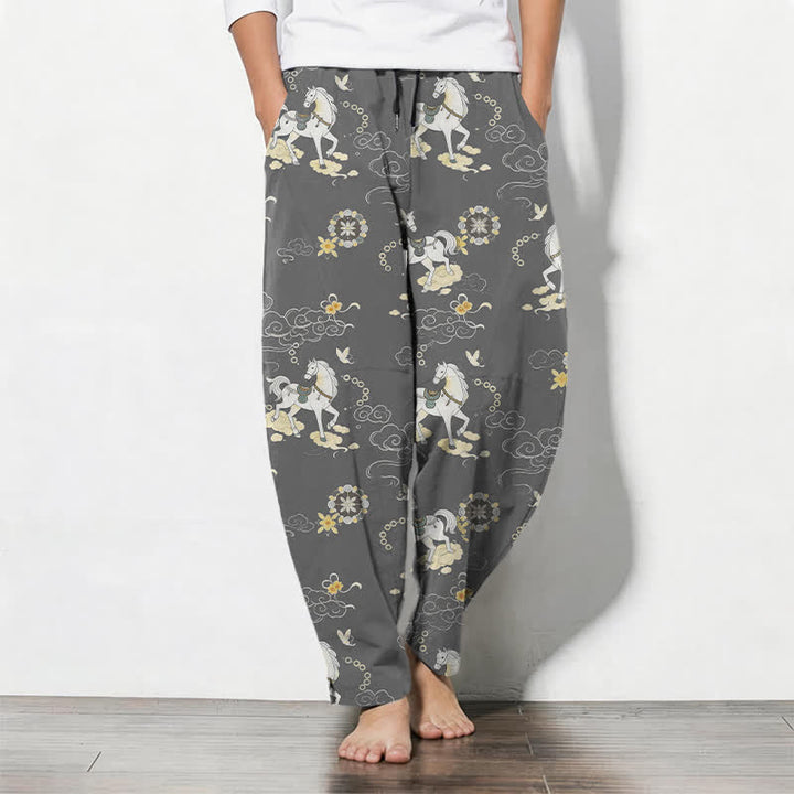 Buddha Stones Pure Cotton White Horse Cloud Blossom Pattern Drawstring Men's Tapered Pants With Pockets - DimGray - US/UK/AU50，EU60 (5XL) - image 7