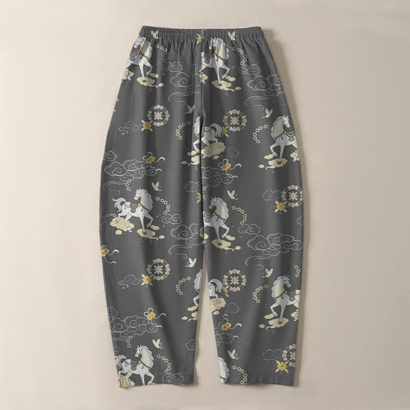 Buddha Stones Pure Cotton White Horse Cloud Blossom Pattern Drawstring Men's Tapered Pants With Pockets - image 10