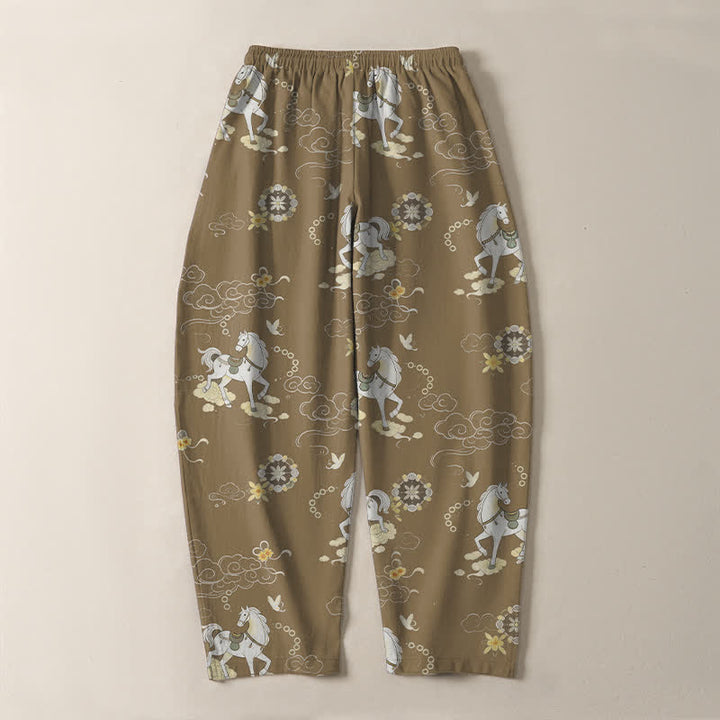 Buddha Stones Pure Cotton White Horse Cloud Blossom Pattern Drawstring Men's Tapered Pants With Pockets - image 14
