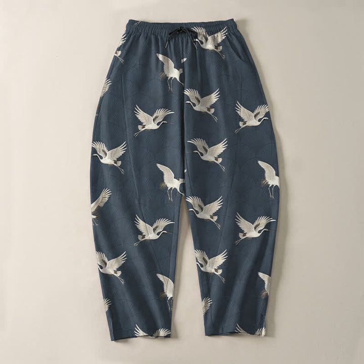 Buddha Stones Pure Cotton Flying White Crane Pattern Drawstring Men's Tapered Pants With Pockets - image 2