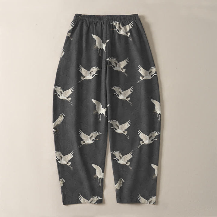 Buddha Stones Pure Cotton Flying White Crane Pattern Drawstring Men's Tapered Pants With Pockets - image 10