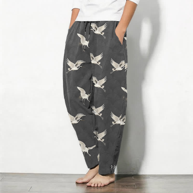 Buddha Stones Pure Cotton Flying White Crane Pattern Drawstring Men's Tapered Pants With Pockets - image 8