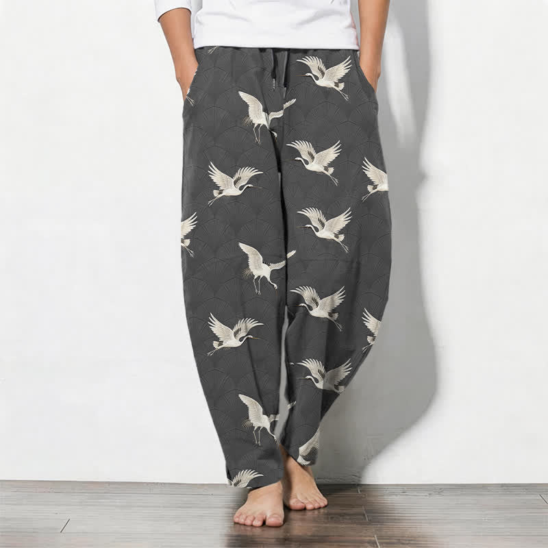 Buddha Stones Pure Cotton Flying White Crane Pattern Drawstring Men's Tapered Pants With Pockets - DimGray - US/UK/AU50，EU60 (5XL) - image 7