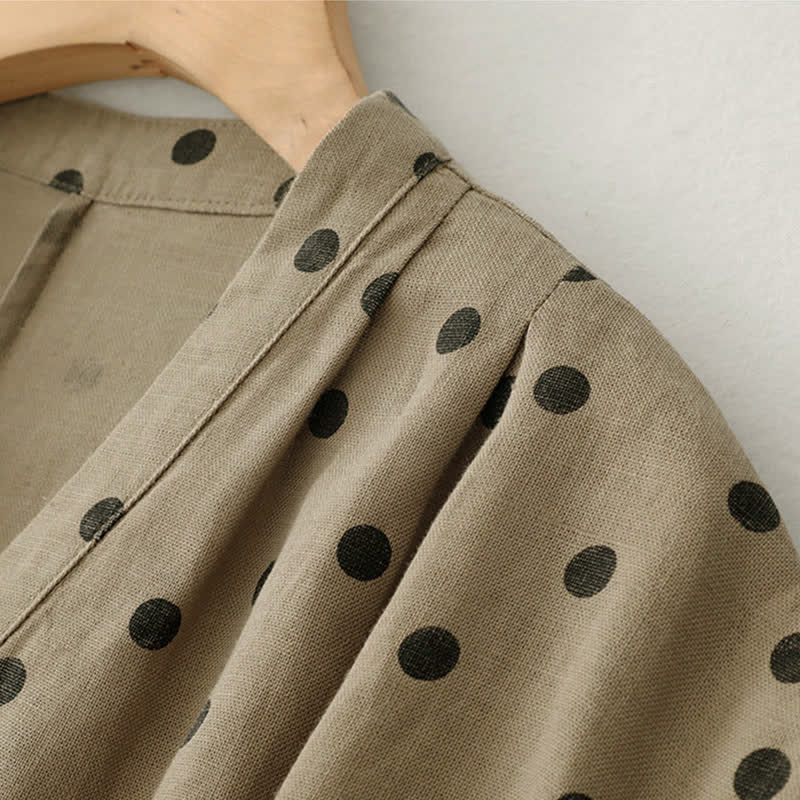 Buddha Stones Summer Polka Dot V-Neck Lace-up Women's Knee Length Dress With Pockets - image 2