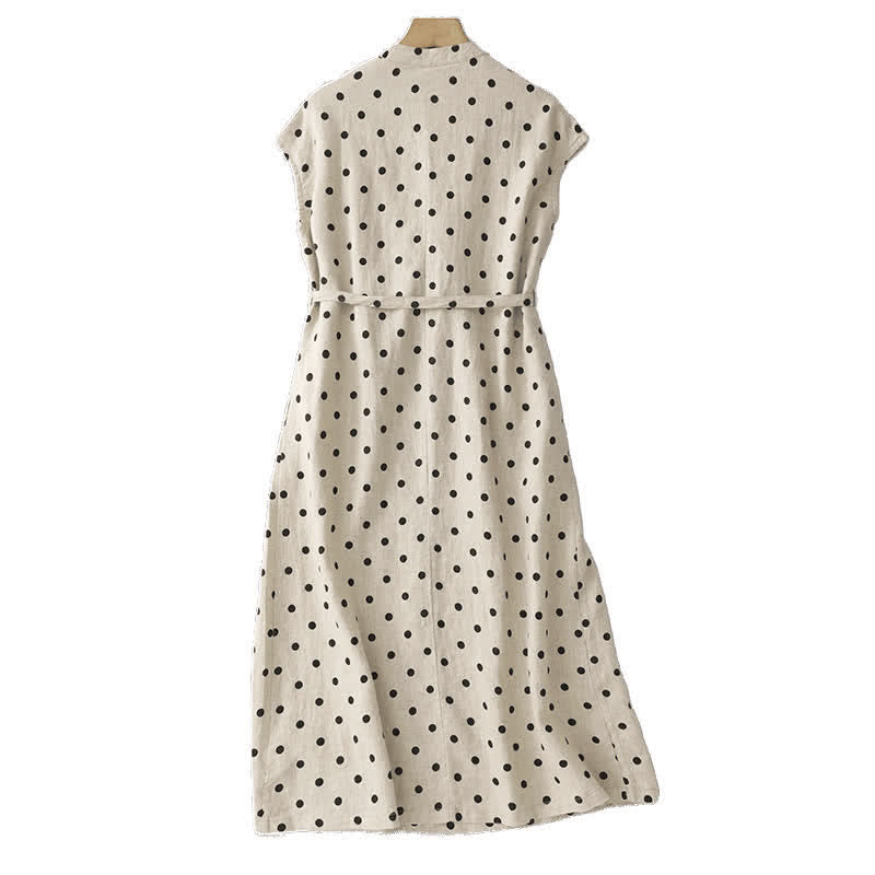 Buddha Stones Summer Polka Dot V-Neck Lace-up Cotton Linen Women's Midi Dress With Pockets - image 9