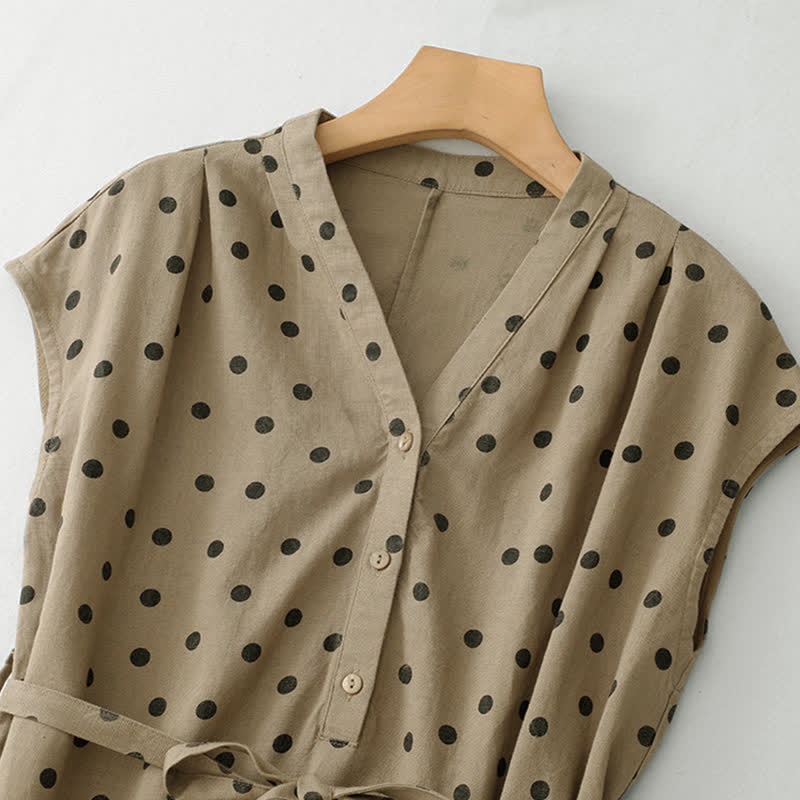 Buddha Stones Summer Polka Dot V-Neck Lace-up Women's Knee Length Dress With Pockets - image 1
