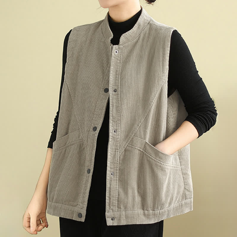 Buddha Stones Plain Sleeveless Women's Cotton Vest Corduroy Waistcoat With Pockets - image 4