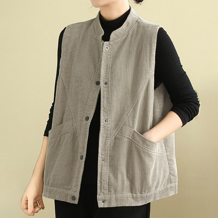 Buddha Stones Plain Sleeveless Women's Cotton Vest Corduroy Waistcoat With Pockets - image 4