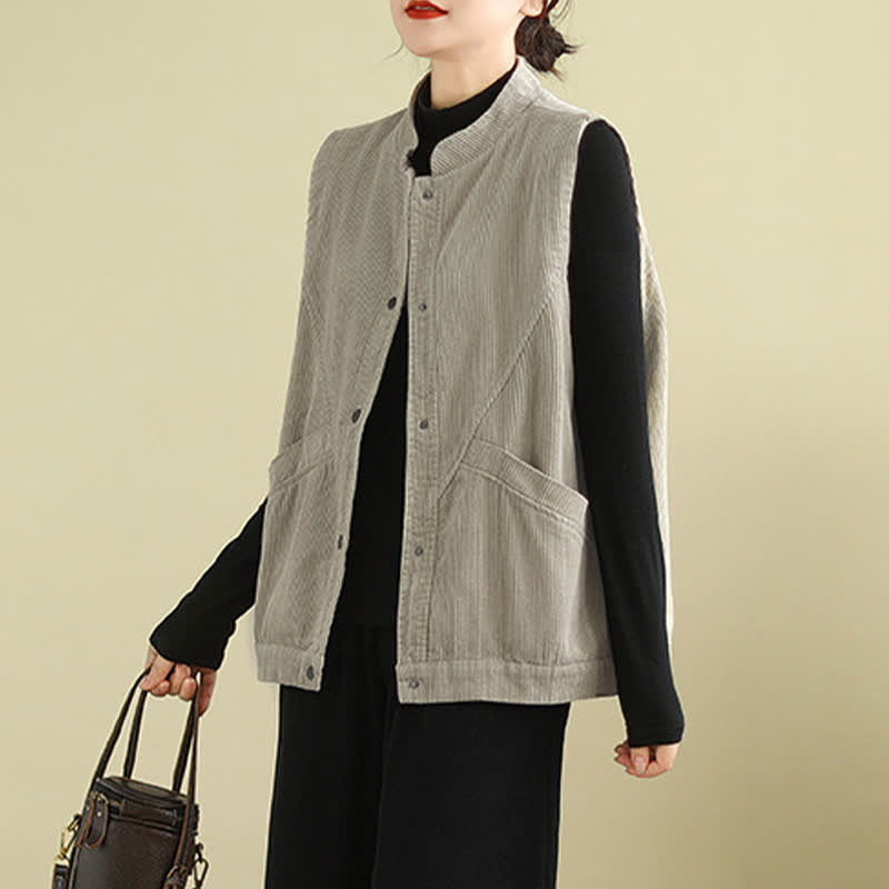 Buddha Stones Plain Sleeveless Women's Cotton Vest Corduroy Waistcoat With Pockets - image 1
