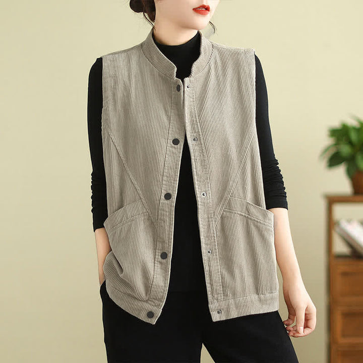 Buddha Stones Plain Sleeveless Women's Cotton Vest Corduroy Waistcoat With Pockets - Beige - US8-10，UK/AU12-14，EU40-42 (2XL) - image 0