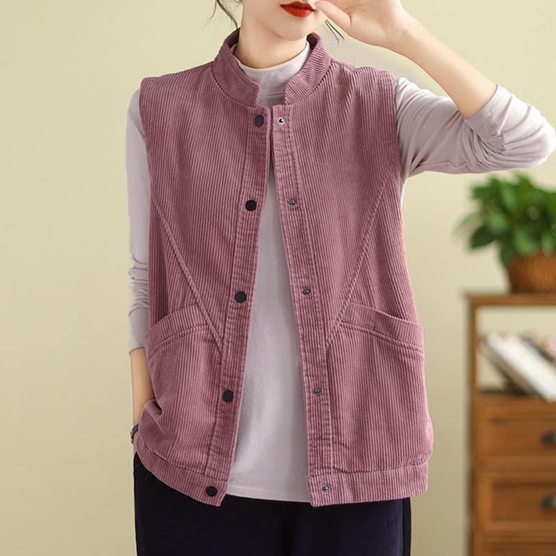 Buddha Stones Plain Sleeveless Women's Cotton Vest Corduroy Waistcoat With Pockets - image 12